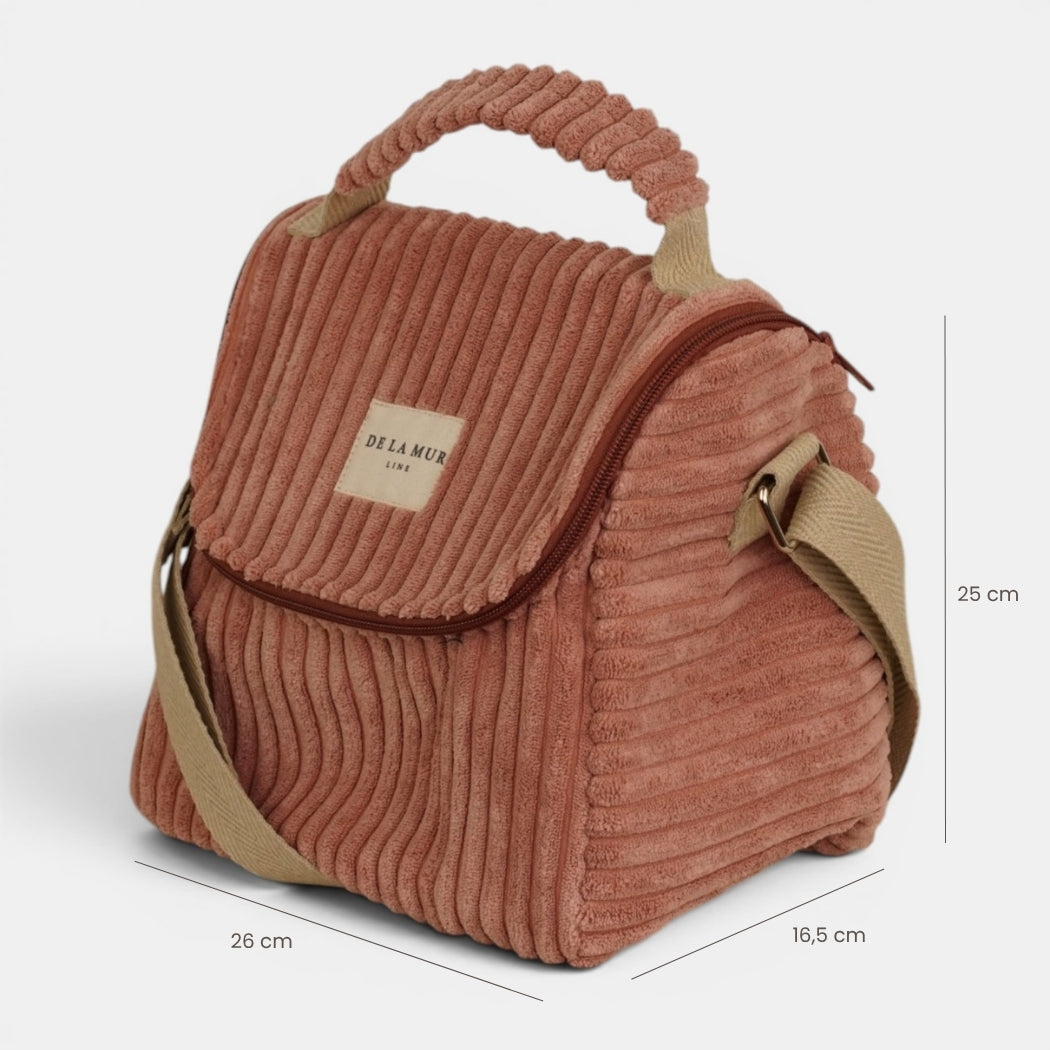 Bolso Crepe, estampado en beige, azul, blanco, detalle del material y el acabado — De La Mur