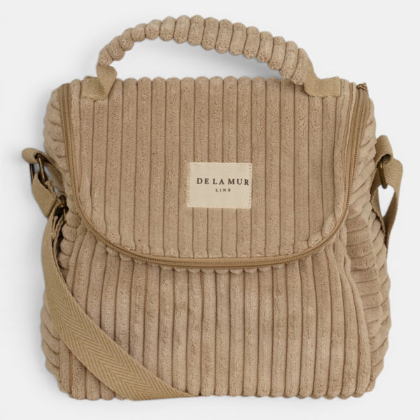 Bolso Moka, estampado en beige, negro, marrón, detalle del estampado y el material — De La Mur