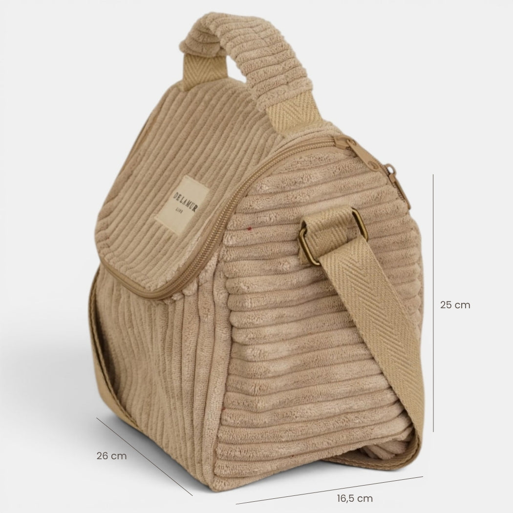 Bolso Moka, estampado en beige, negro, marrón, detalle del material y el acabado — De La Mur