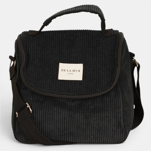 Bolso Nit, estampado en blanco, negro, terracota, detalle del estampado y el material — De La Mur