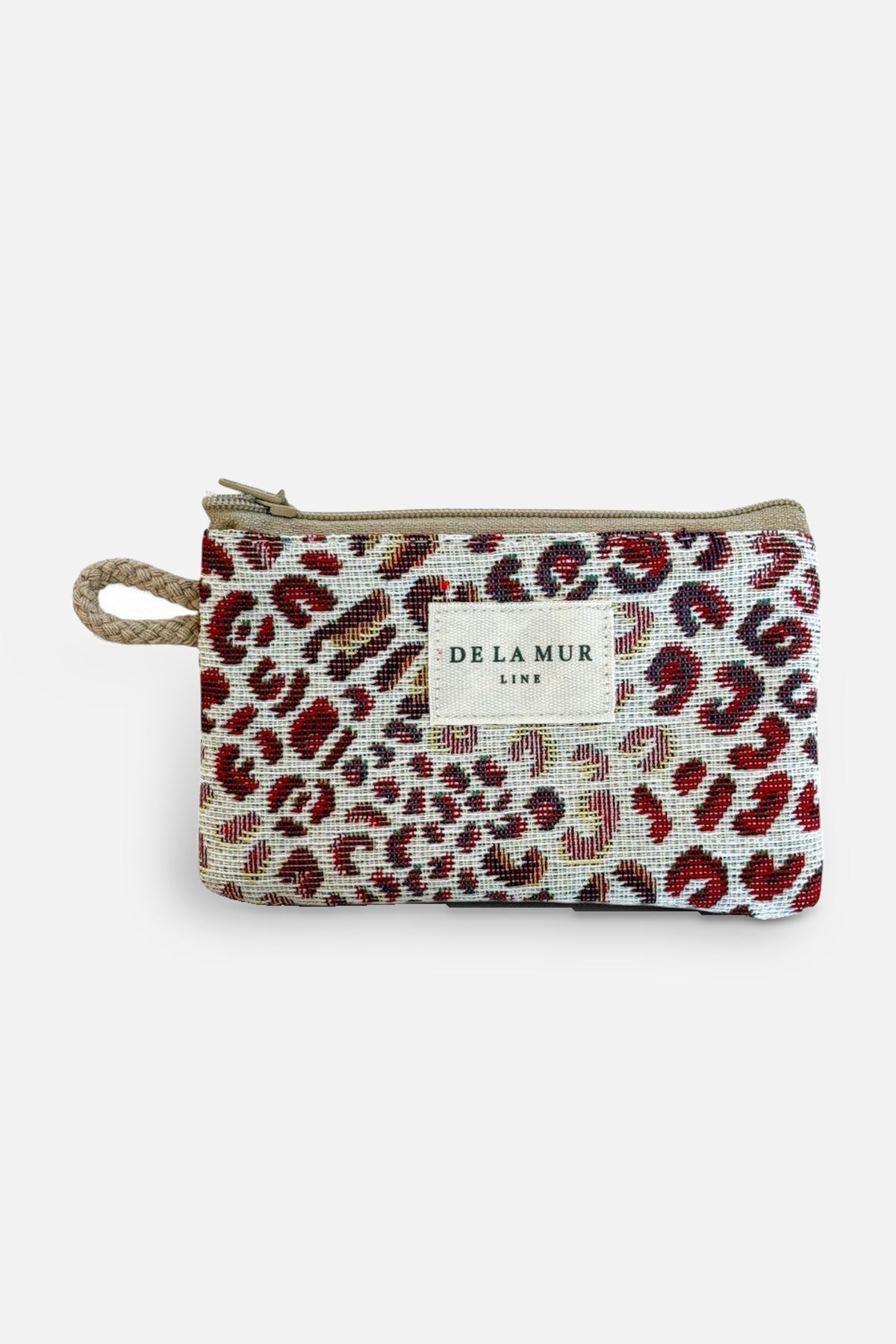 Talco coin purse, print in red, beige and brown, front view — De La Mur