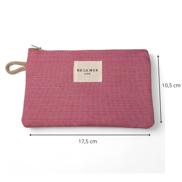 Monedero Fam, estampado en rojo, blanco, morado, vista con medidas — De La Mur