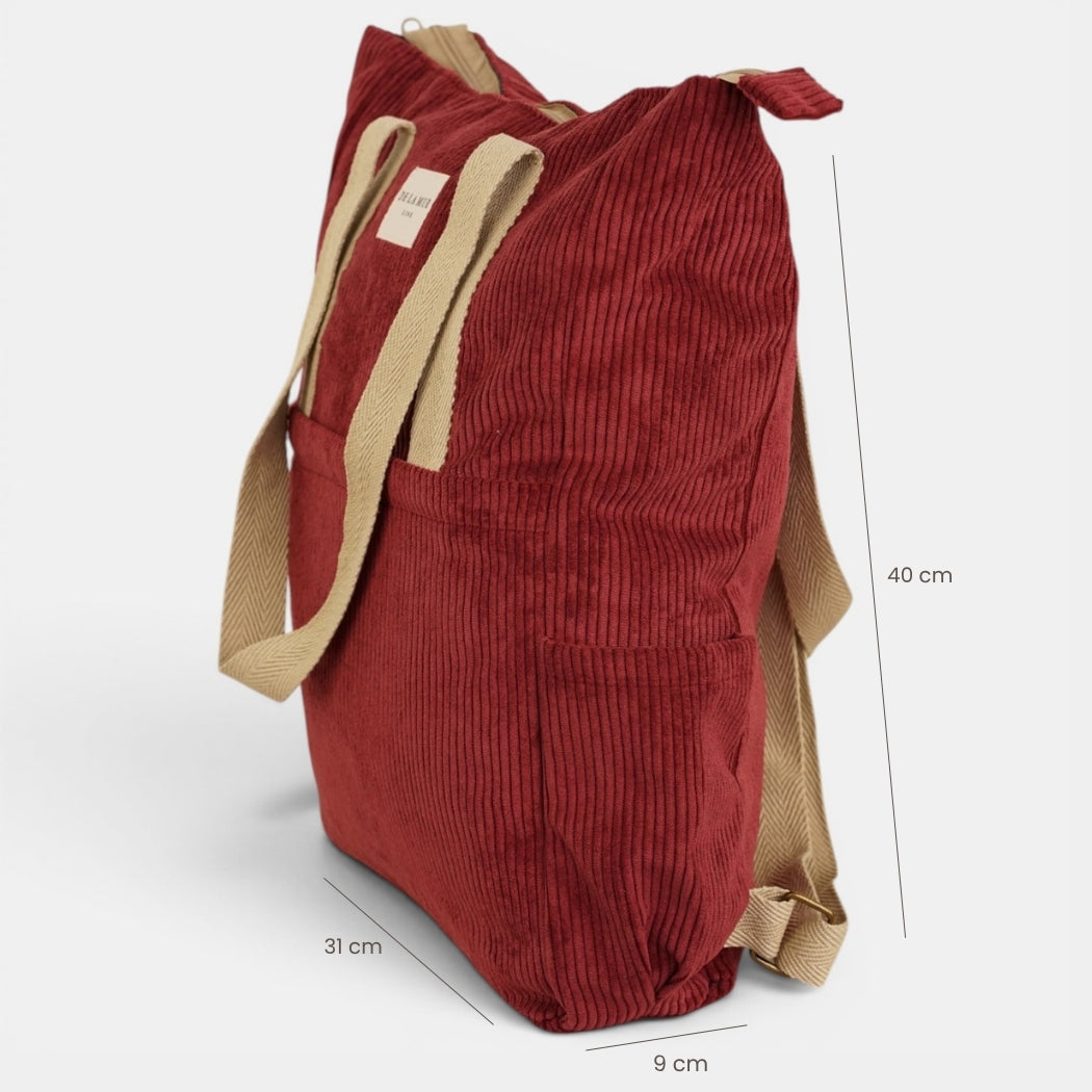 Bolso Arde, estampado en rojo, beige, blanco, detalle del material y el acabado — De La Mur