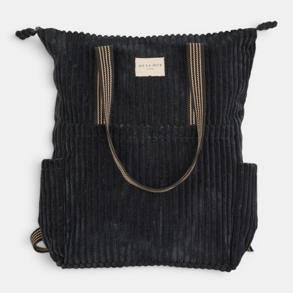 Bolso Curly, estampado en blanco, negro, azul, detalle del estampado y el material — De La Mur