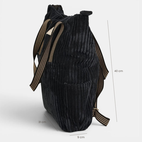 Bolso Curly, estampado en blanco, negro, azul, detalle del material y el acabado — De La Mur