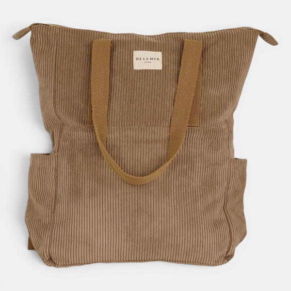 Bolso Toast, estampado en rojo, naranja, beige, detalle del estampado y el material — De La Mur
