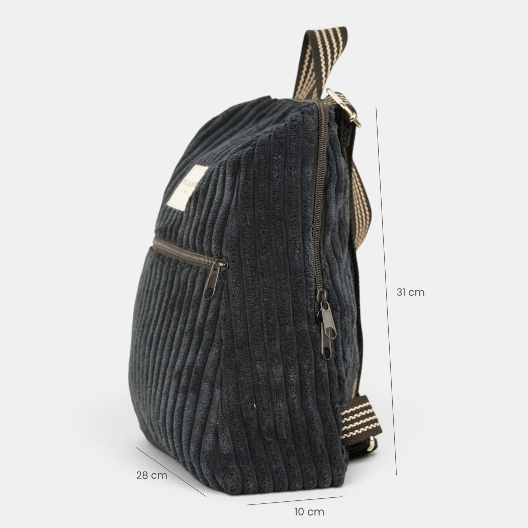 mochila Curly, estampado en beige, blanco, azul, detalle del material y el acabado — De La Mur