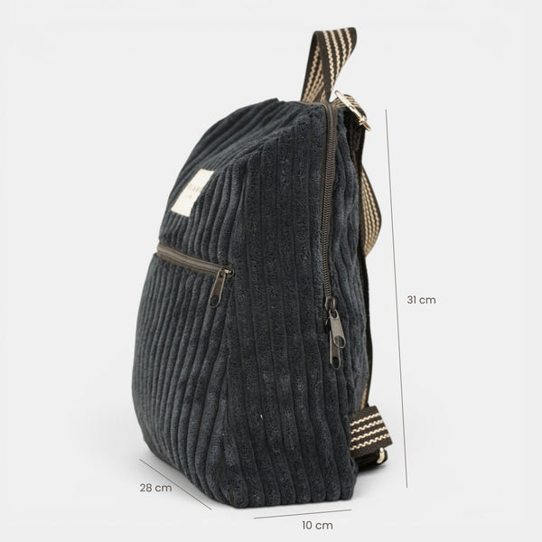 mochila Curly, estampado en beige, blanco, azul, detalle del material y el acabado — De La Mur