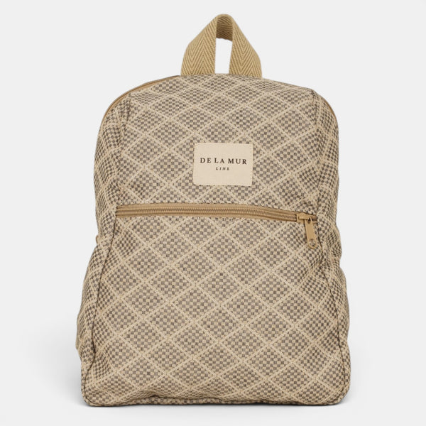 mochila Pant, estampado en negro, blanco, azul, detalle del estampado y el material — De La Mur