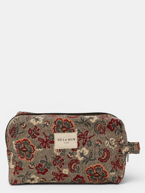 Neceser mediano Nira, estampado en blanco, marrón, rojo, vista frontal — De La Mur