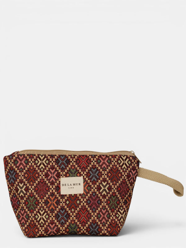 Neceser Chic, estampado en blanco, rojo, marrón, vista frontal — De La Mur