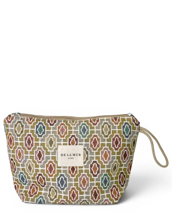 Neceser FIN, estampado en beige, marrón, amarillo, vista frontal — De La Mur