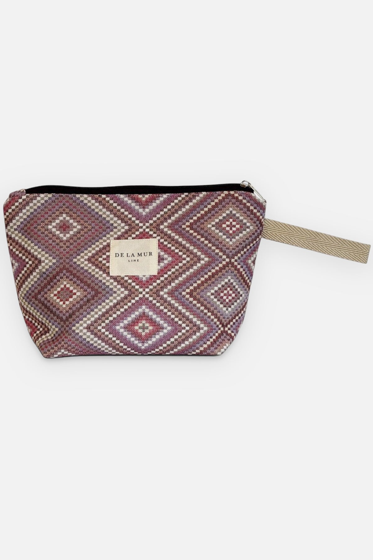 Trousse de toilette Nana, imprimé dans les tons beige, rouge et violet, vue de face — De La Mur