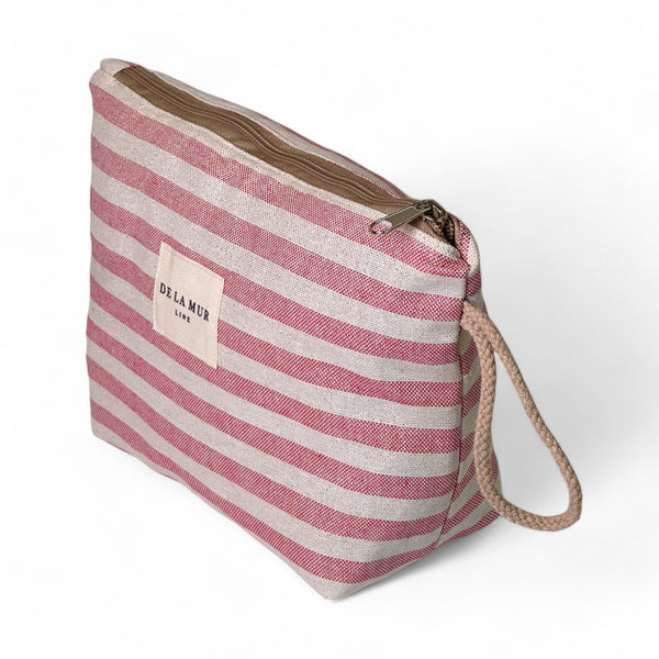 Neceser Rex, estampado en beige, rojo, morado, detalle del estampado y el material — De La Mur