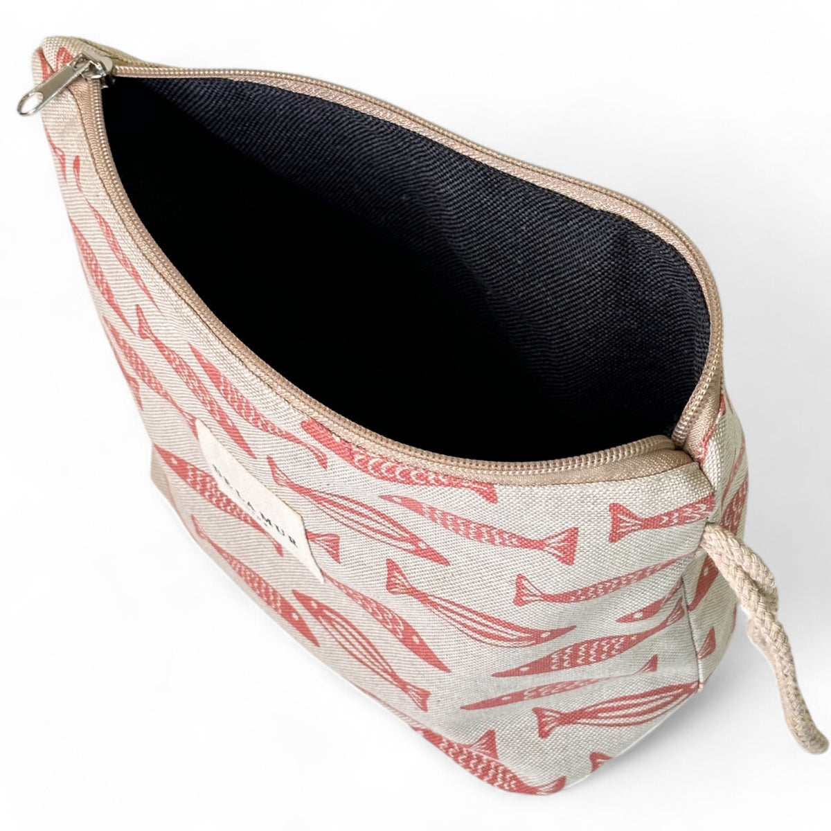 Neceser Sardi, estampado en beige, rojo, blanco, detalle del producto — De La Mur
