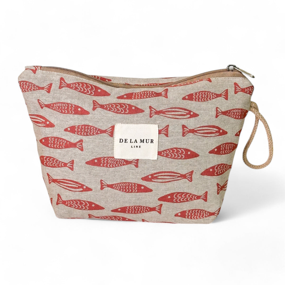 Neceser Sardi, estampado en beige, rojo, blanco, vista frontal — De La Mur