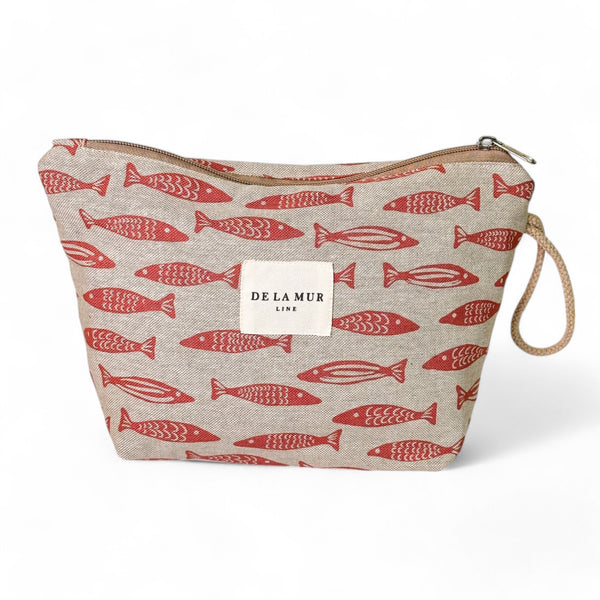 Neceser Sardi, estampado en beige, rojo, blanco, vista frontal — De La Mur