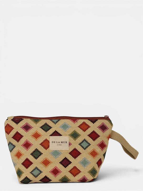 Neceser Zac, estampado en blanco, naranja, amarillo, vista frontal — De La Mur