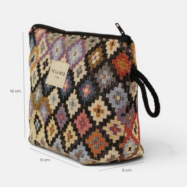 Neceser Ore, estampado en blanco, beige, marrón, vista con medidas — De La Mur