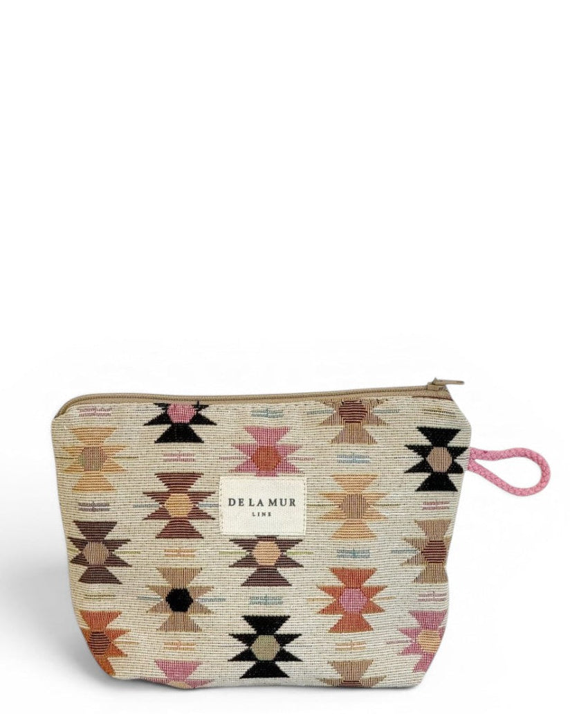 Neceser Royal, estampado en beige, marrón, naranja, vista frontal — De La Mur