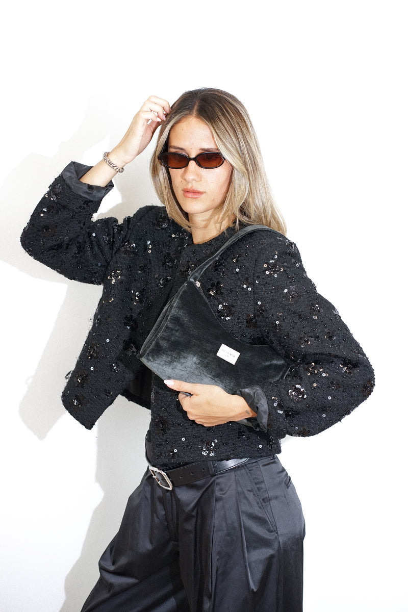 Bolso Neger, estampado en negro, azul, gris, vista frontal — De La Mur