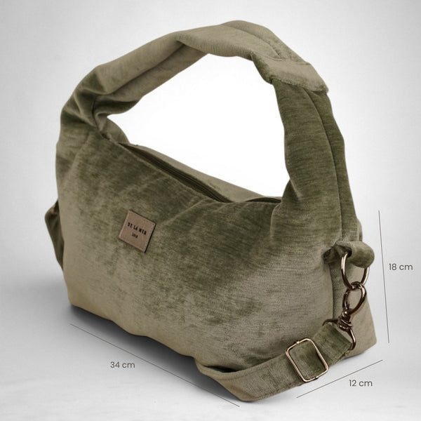 Bolso Menta, estampado en azul, blanco, gris, detalle del producto — De La Mur