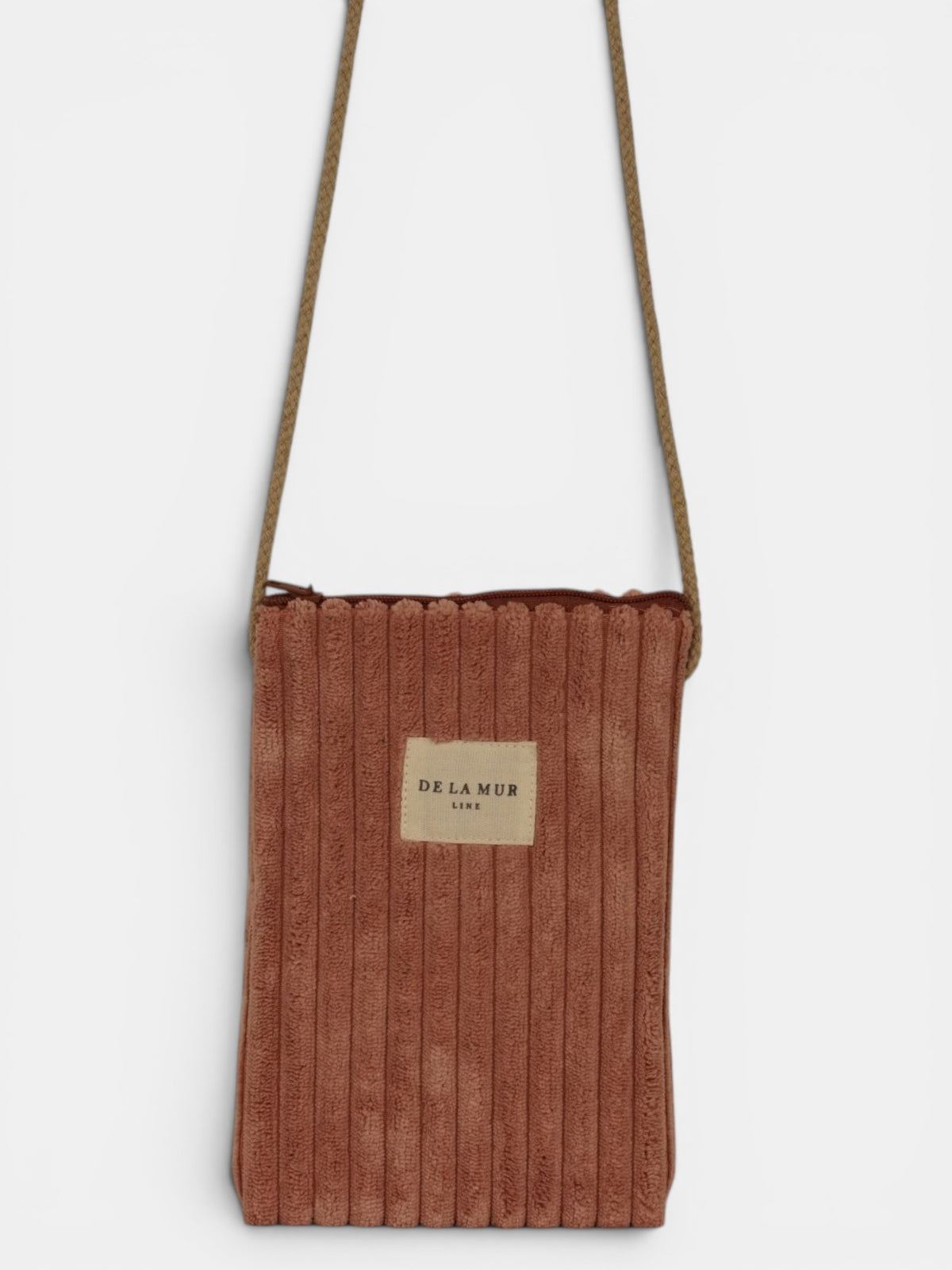 Bolsito porta móvil Crepe, estampado en blanco, rojo, terracota, vista frontal — De La Mur