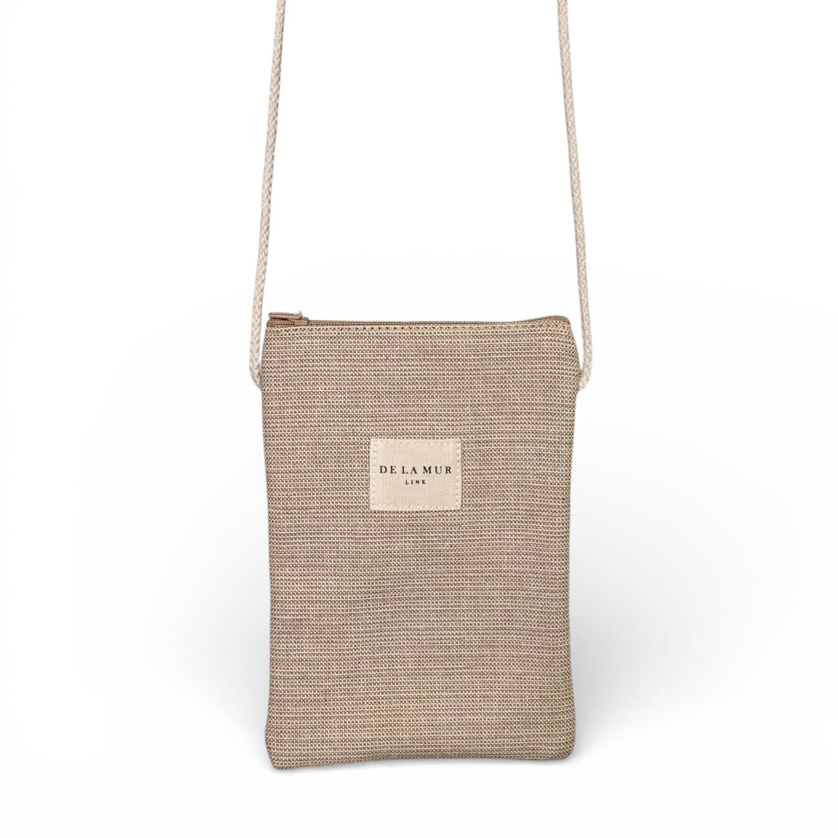 Bolsito porta móvil Lol, estampado en beige, blanco, vista frontal — De La Mur