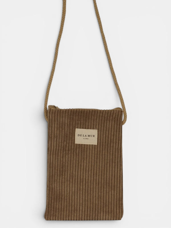 Bolsito porta móvil Toast, estampado en marrón, blanco, naranja, vista frontal — De La Mur