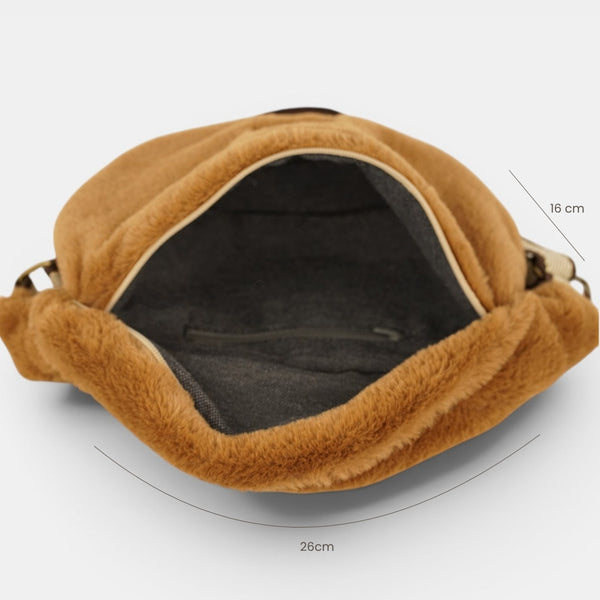 Riñonera Pile, estampado en beige, terracota, blanco, detalle del material y el acabado — De La Mur