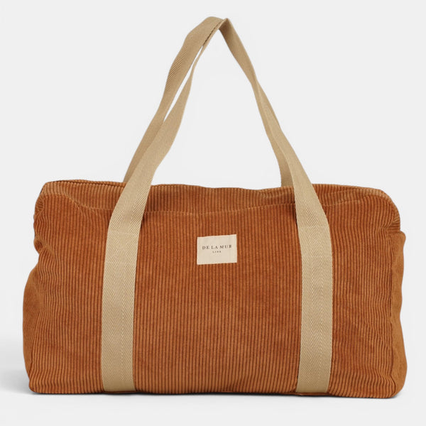 Bolso Barro, estampado en terracota, beige, azul, detalle del estampado y el material — De La Mur
