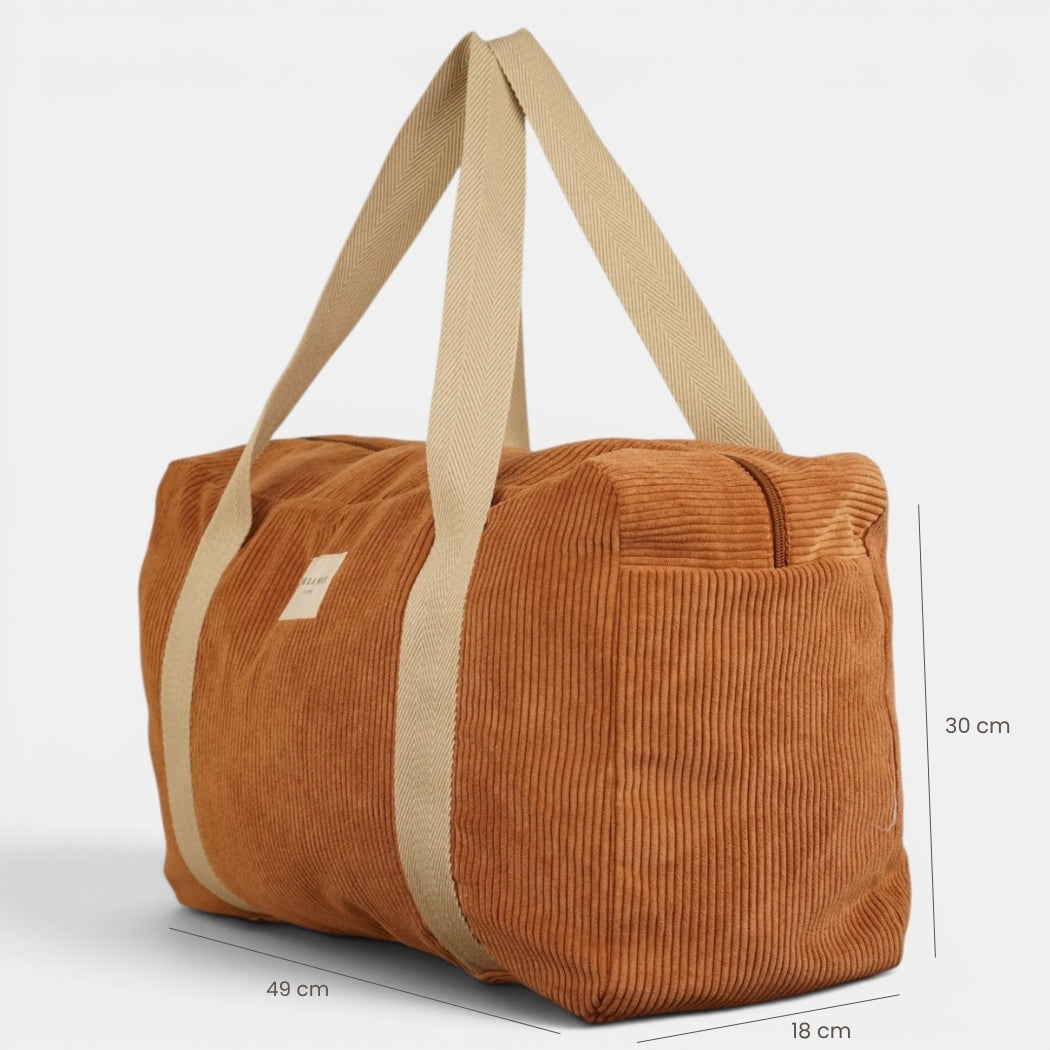Bolso Barro, estampado en terracota, beige, azul, detalle del material y el acabado — De La Mur