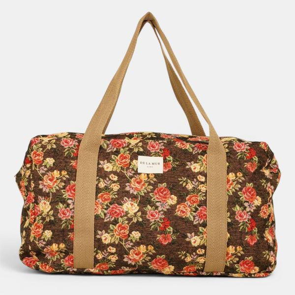 Bolso Pepi, estampado en naranja, beige, terracota, detalle del estampado y el material — De La Mur