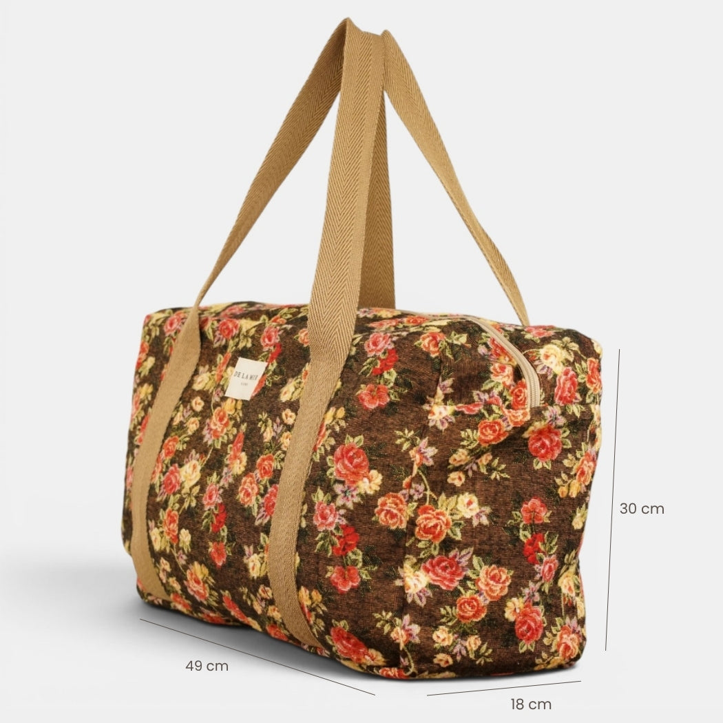 Bolso Pepi, estampado en naranja, beige, terracota, detalle del material y el acabado — De La Mur