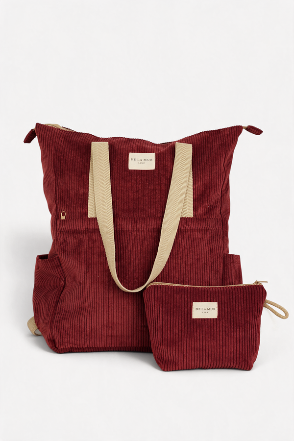 Pack Mochila Bolso y Neceser Pequeño Pana Granate Arde