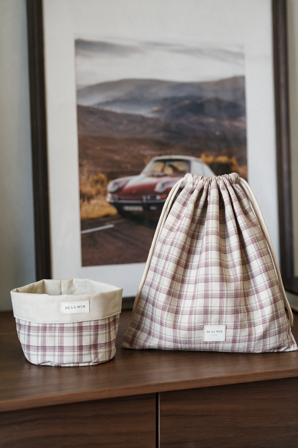 Pack Bolsa Saco y Cesta Pequeña Cuadros Rosas Libe