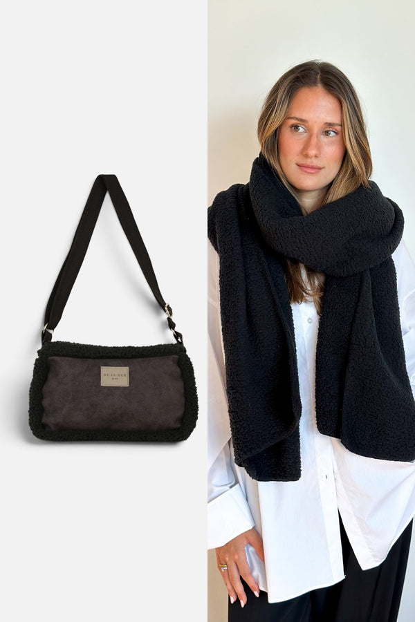 Pack bolso pequeño doble faz negro Cene y bufanda maxi de borreguito Kiesa