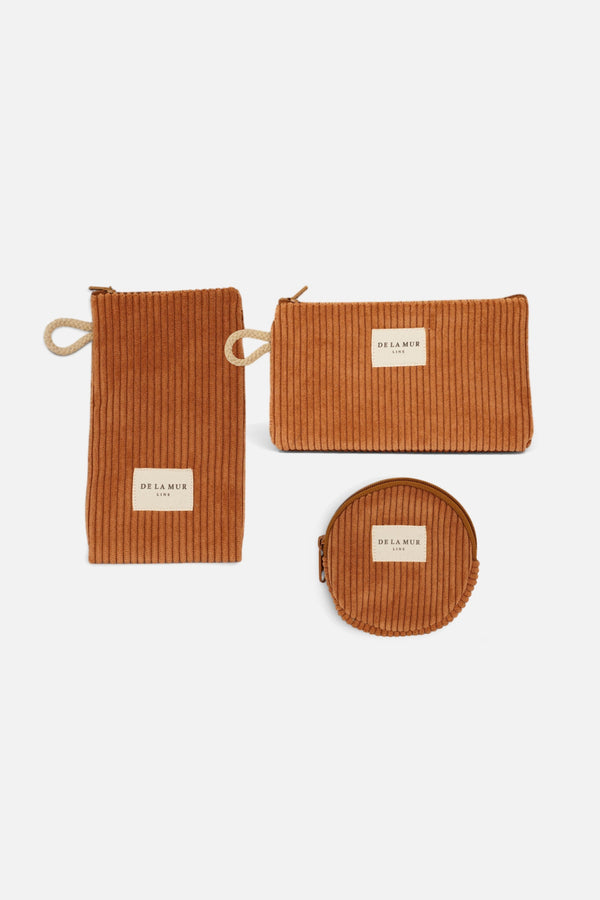 Pack mini neceser, monedero redondo y funda de gafas de pana teja Barro