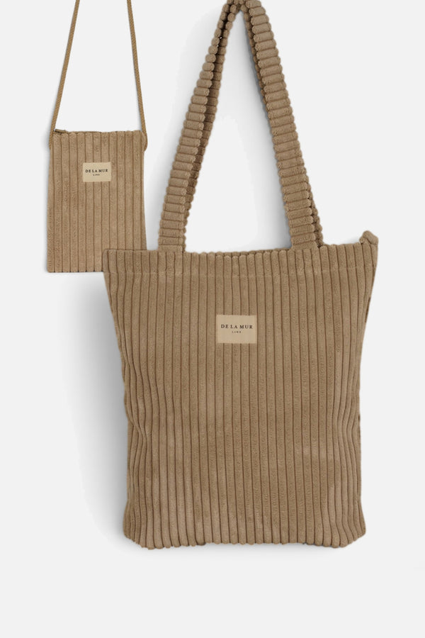Pack bolsa pequeña con cremallera y porta móvil de pana beige Moka