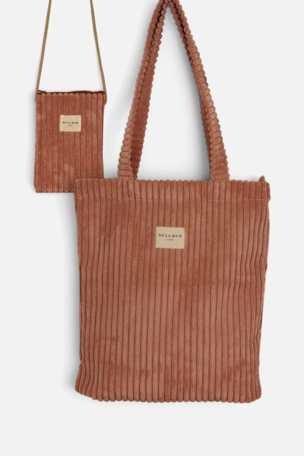 Pack bolsa pequeña con cremallera y porta móvil de pana rosa Crepe