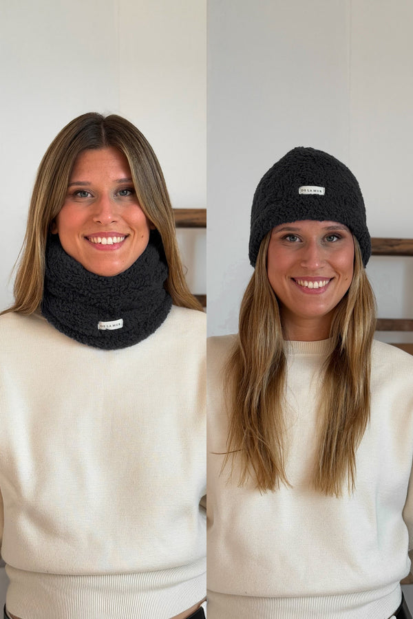 Pack braga de cuello y gorro de borreguito negro Kiesa