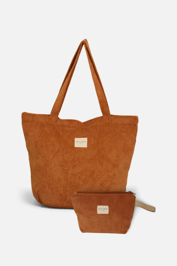 Pack bolsa grande con cremallera y neceser grande de pana teja Barro