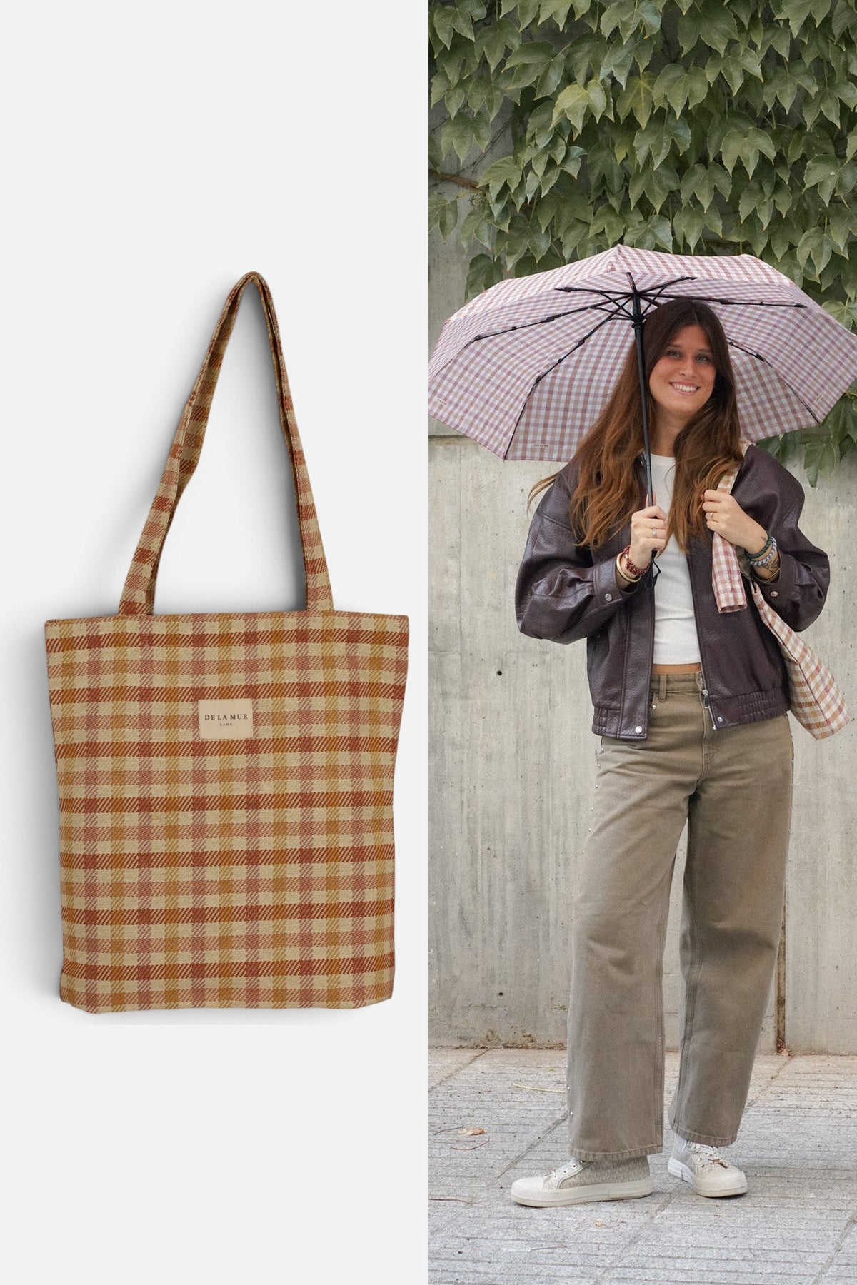 Pack bolsa pequeña con cremallera y paraguas plegable de cuadros Zia