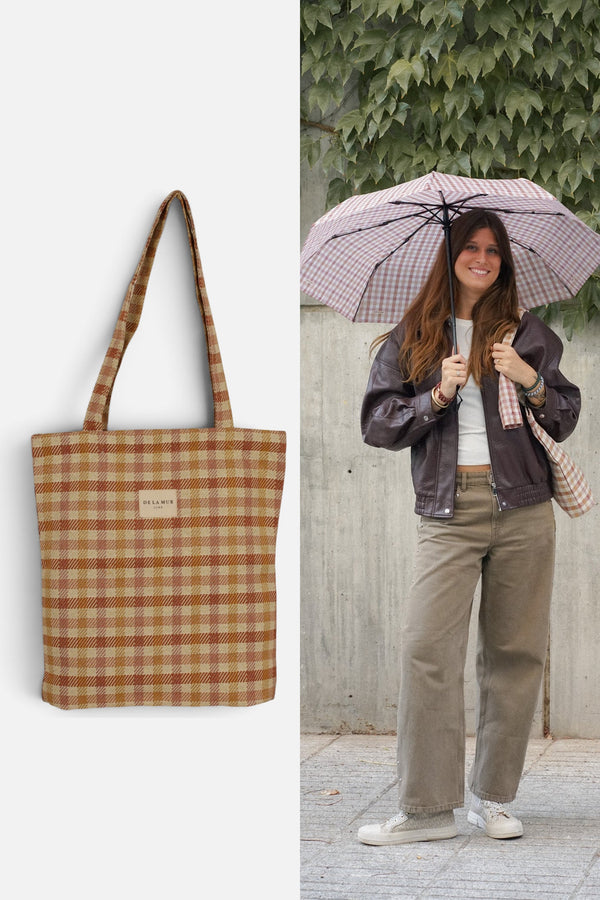 Pack bolsa pequeña con cremallera y paraguas plegable de cuadros Zia